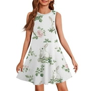 LTTVQM Easter Dresses for Girl Size 5-6 Bunny Egg Print Happy Midi Dresses Lightweight Sleeveless Tank Dress Fashion Crew Neck Sundresses White 5-6